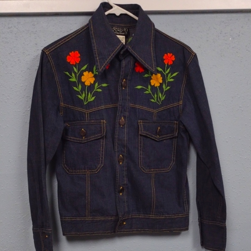 Dark Blue Jean Jacket with Floral Embroidery, WPL 6749